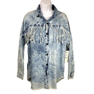 Small New Thrill Jeans Blue Acid Wash Fringe Denim Long Sleeve Shirt Top 4 6